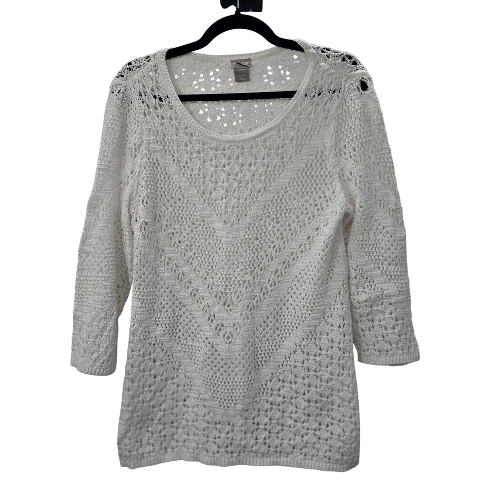 Chicos Sweater Womens Medium White Crochet Open Knit Tunic Sheer 3/4 Sleeve